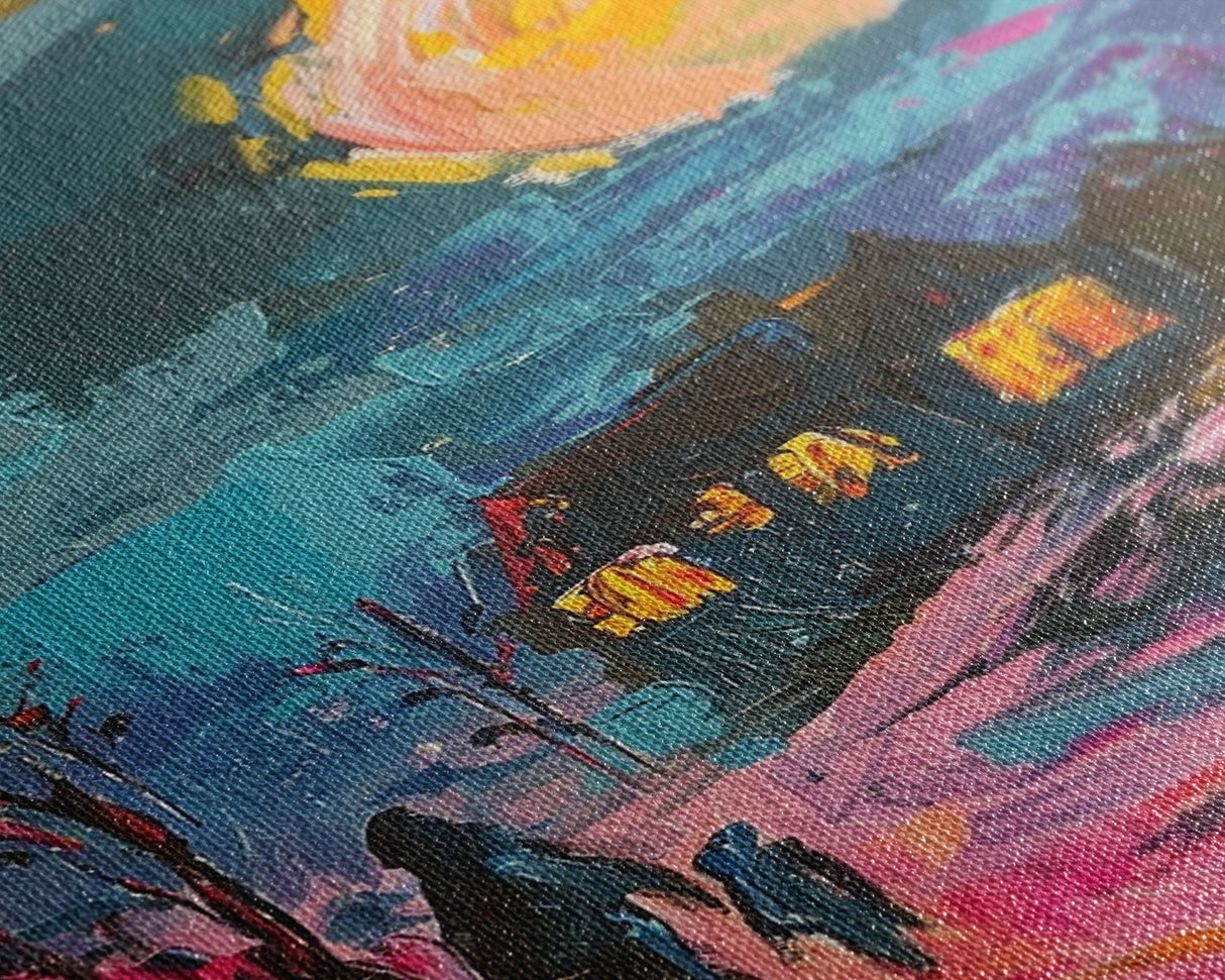 Spooky Village Framed Canvas Print, Halloween Wall Art, Haunted House Art, Gothic Night Decor, Spooky Moonlight, Halloween Home Decor