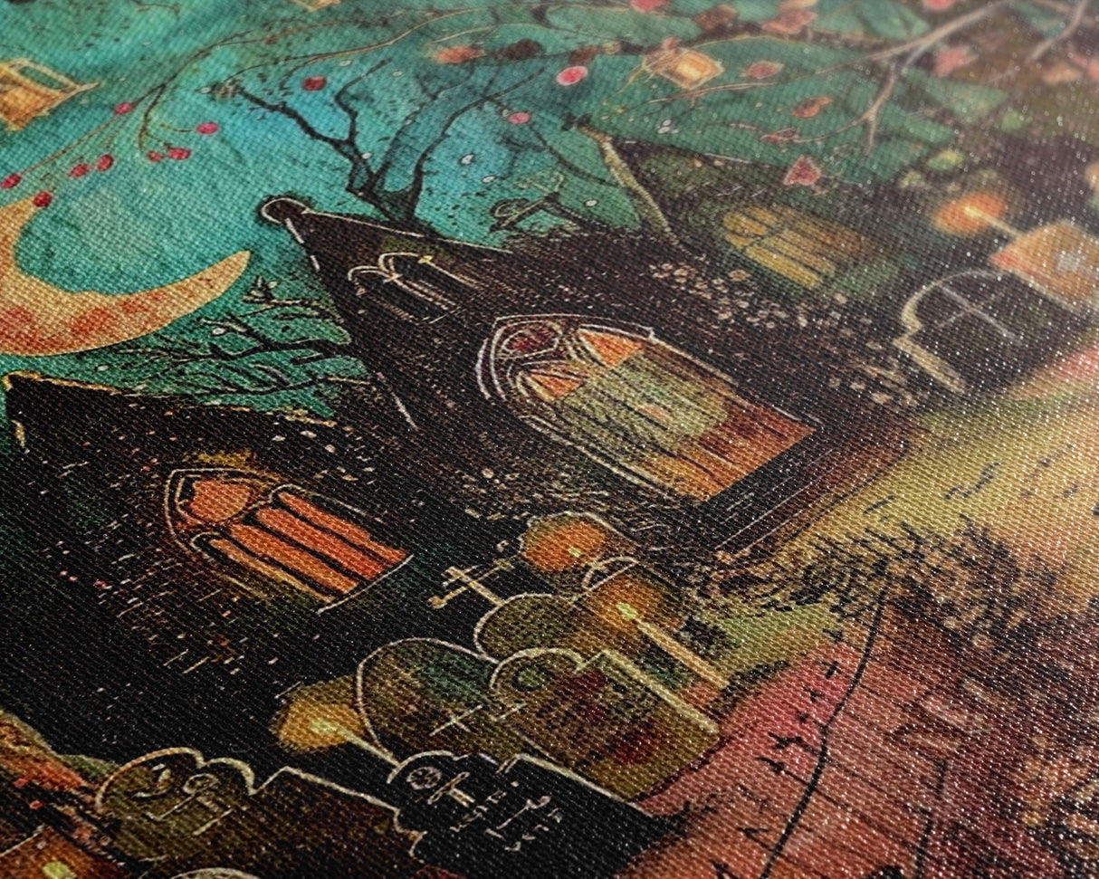 Gothic Churchyard with Moon and Lanterns Framed Canvas Print, Wall Art, Spooky Home Decor, Halloween Cemetery, Gothic Art, Haunted Graveyard