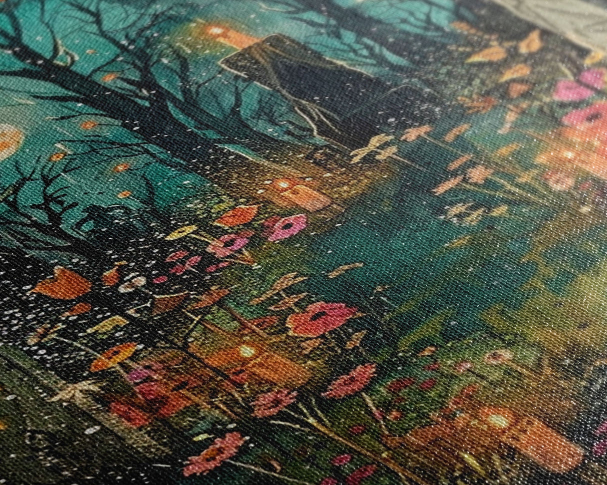 Haunted Graveyard with Flowers Framed Canvas Print, Wall Art, Halloween Cemetery Art, Spooky Home Decor, Ghostly Garden Painting