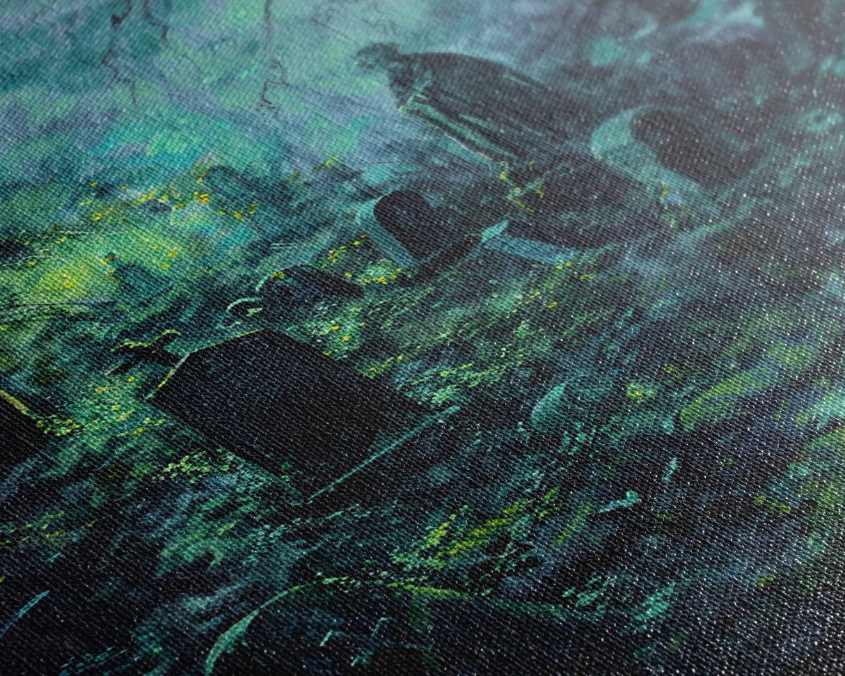 Spooky Cemetery with Glowing Lights Framed Canvas Print, Wall Art, Halloween Graveyard Art, Eerie Home Decor, Haunted Forest Painting