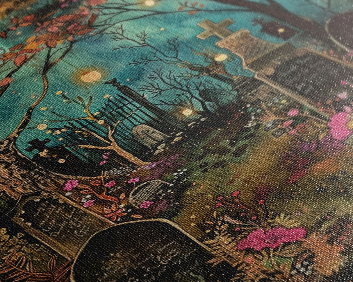 Gate to Haunted Cemetery Framed Canvas Print, Wall Art, Spooky Graveyard Art, Eerie Home Decor, Halloween Forest Painting, Spooky Graveyard