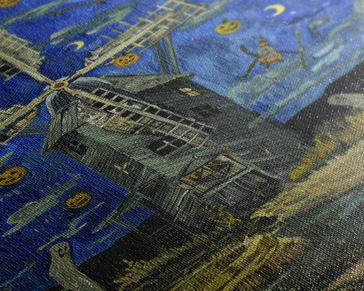 Haunted Railway Station with Pumpkins Framed Canvas Print, Wall Art, Spooky Home Decor, Halloween Train Station Art, Eerie Painting