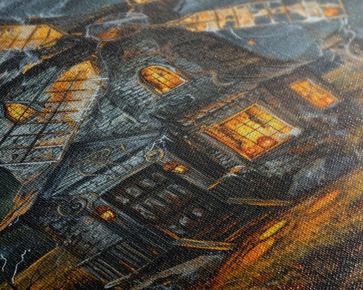 Spooky Windmill with Pumpkins Framed Canvas Print, Wall Art, Halloween Home Decor, Haunted Windmill Painting, Eerie Artwork, Halloween