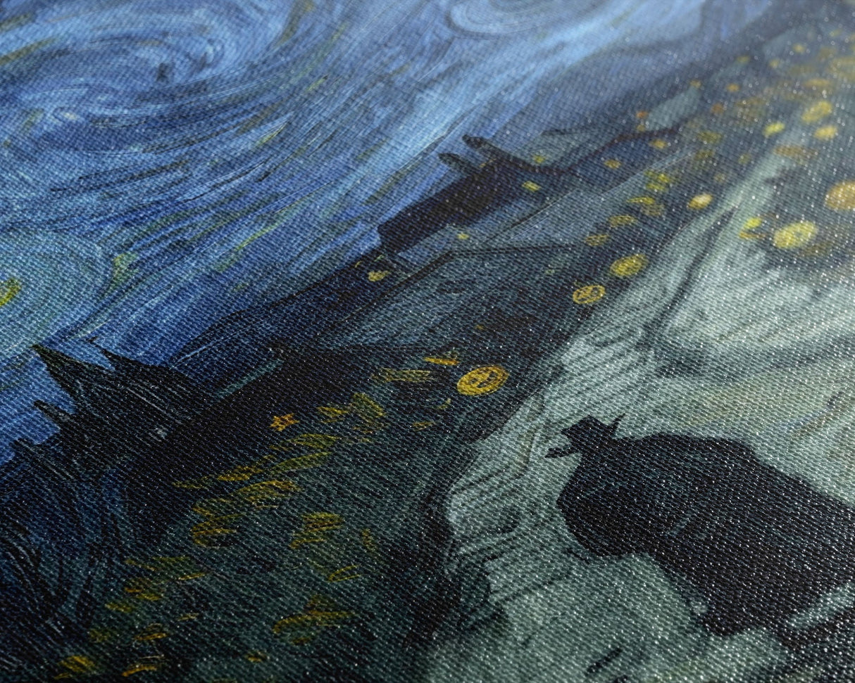 Haunted Road with Jack-O-Lanterns Framed Canvas Print, Halloween Wall Art, Starry Night Inspired, Home Decor, Spooky Art, Living Room Decor