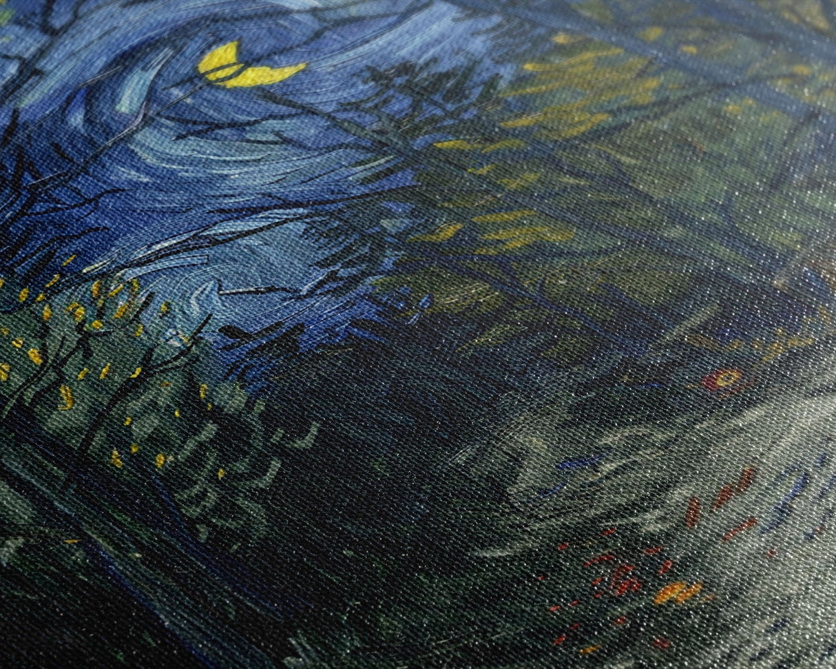 Dark Forest Path with Pumpkins Framed Canvas Print, Halloween Wall Art, Starry Night Inspired, Home Decor, Spooky Art, Living Room Decor