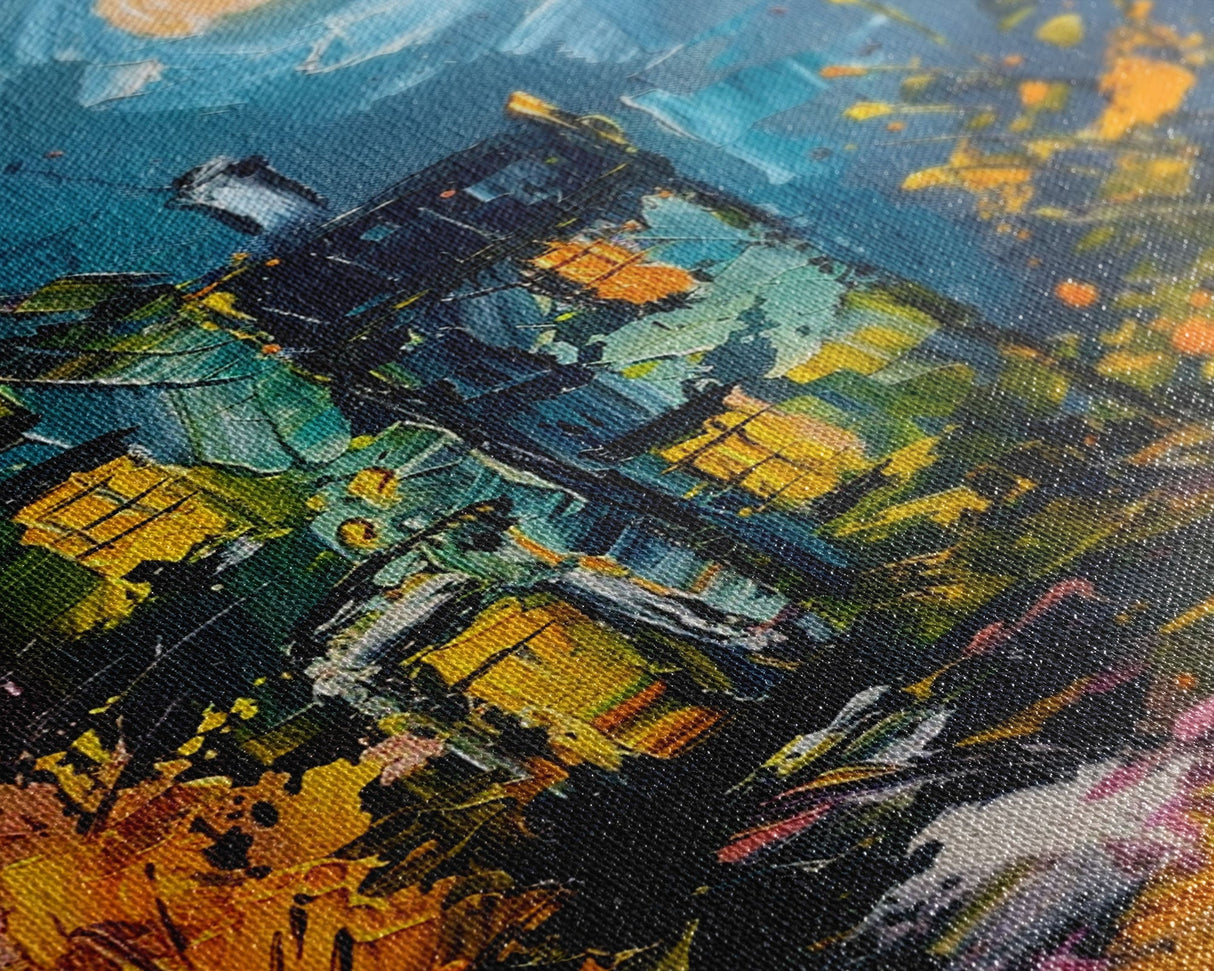 Haunted House with Glowing Windows Framed Canvas Print, Halloween Wall Art, Spooky Art, Home Decor, Living Room Decor, Gothic Artwork