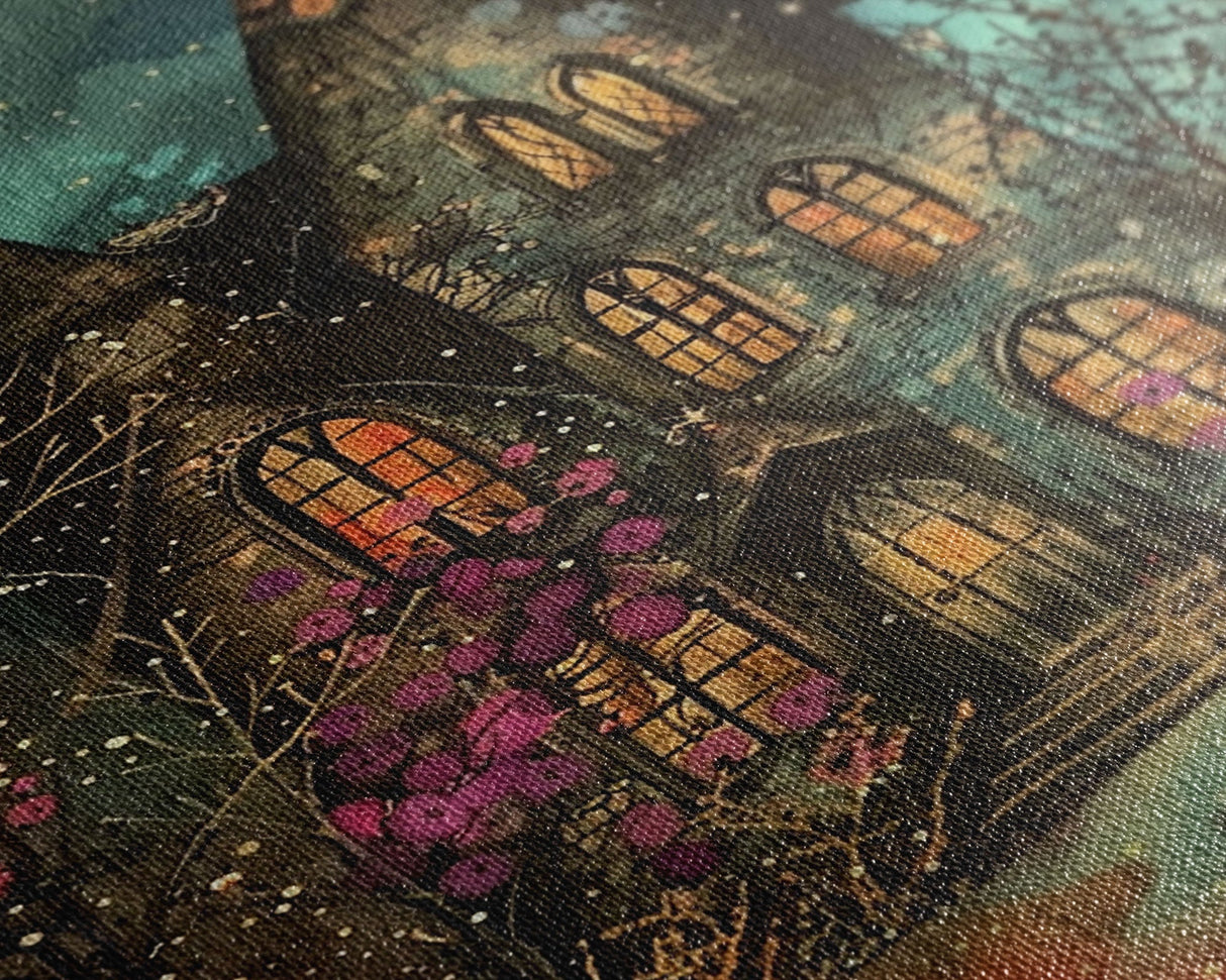 Enchanted Gothic House Framed Canvas Print, Halloween Wall Art, Spooky Art, Home Decor, Living Room Decor, Gothic Artwork, Haunted House