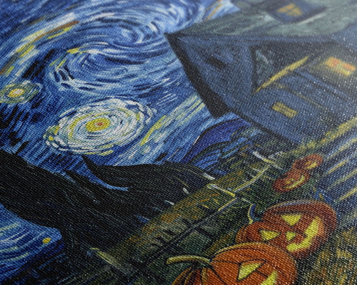 Spooky Starry Night with Jack-O-Lanterns Framed Canvas Print, Halloween Wall Art, Starry Night Inspired, Home Decor, Spooky Art, Living Room