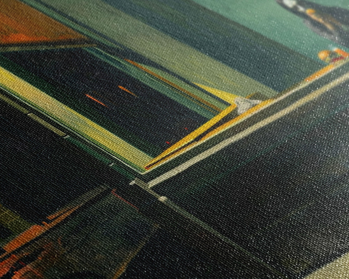 Demon Having a Cheeseburger in a Diner, Funny / Liminal Halloween Art, Framed Canvas Print