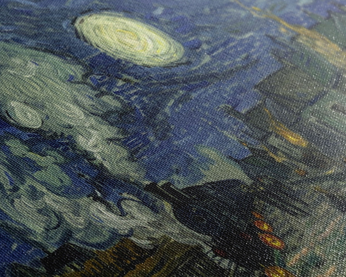 Starry Night Inspired Haunted Steam Train, Framed Canvas Print, Spooky Halloween Wall Art