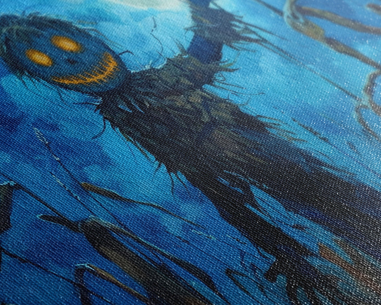 Spooky Jack O' Lantern Scarecrow, Framed Canvas Print, Dark Academia, Halloween Decor, Spooky Season Wall Art