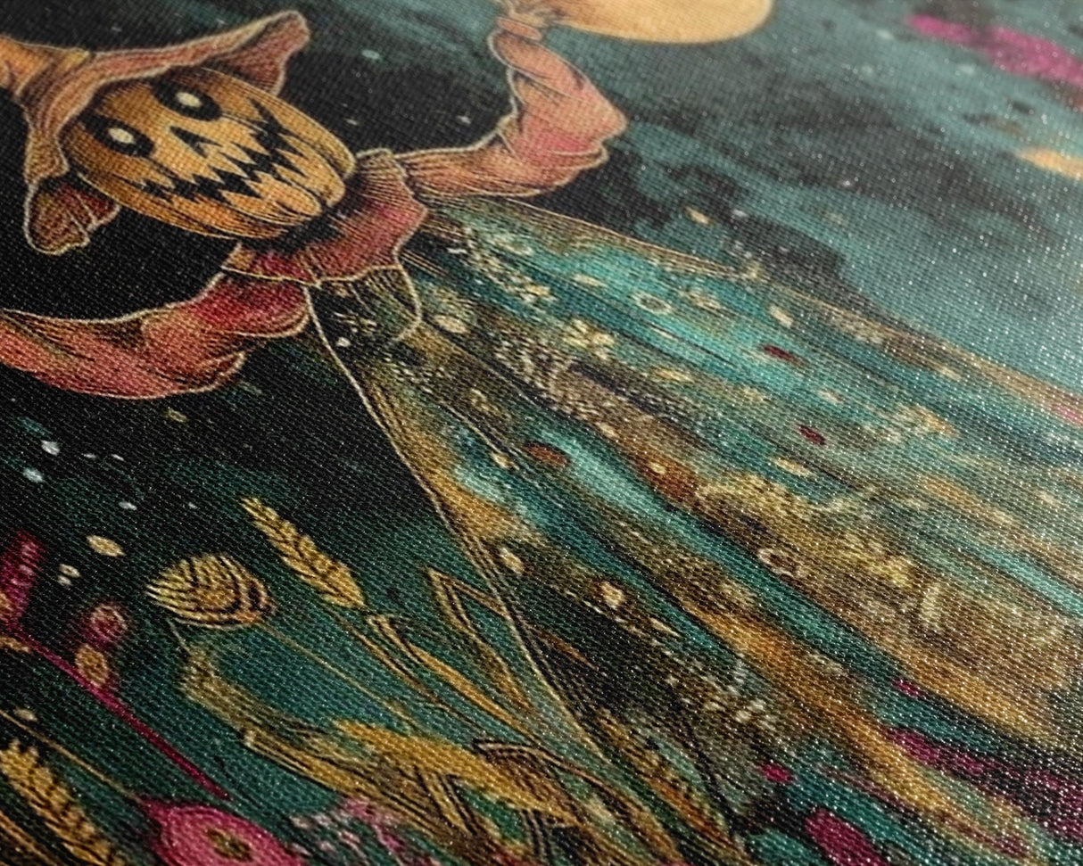 Spooky Jack O' Lantern Scarecrow, Framed Canvas Print, Dark Academia, Halloween Decor, Spooky Season Wall Art