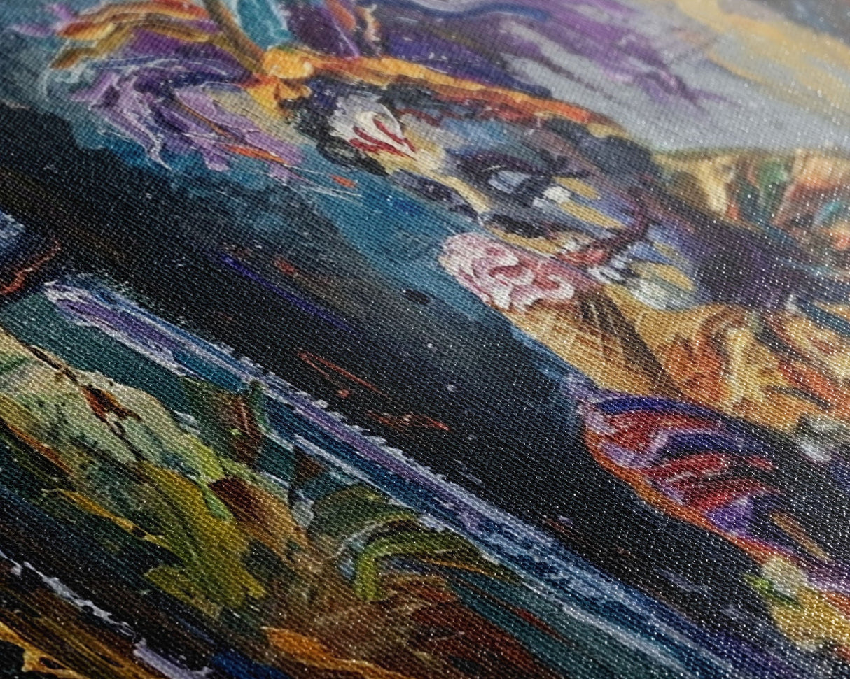 Spooky Court Jester Having an Ice Cream, Funny Halloween Art, Framed Canvas Print