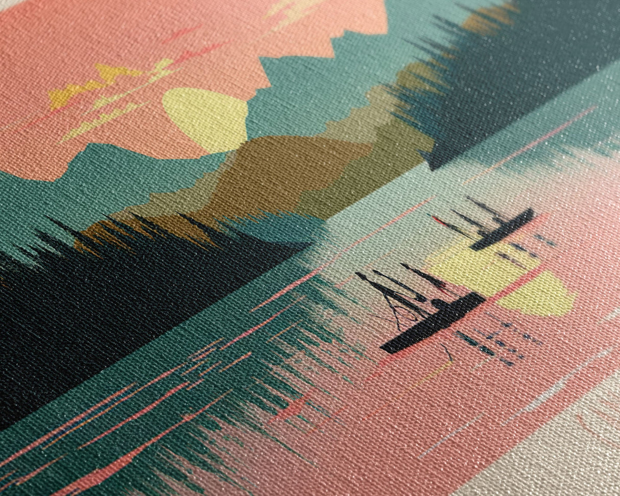 Canadice Lake New York Framed Canvas Print, Pop Art Panoramic Travel Poster, Midcentury Modern, Wall Art, Scenic Nature Painting, Bedroom Decor