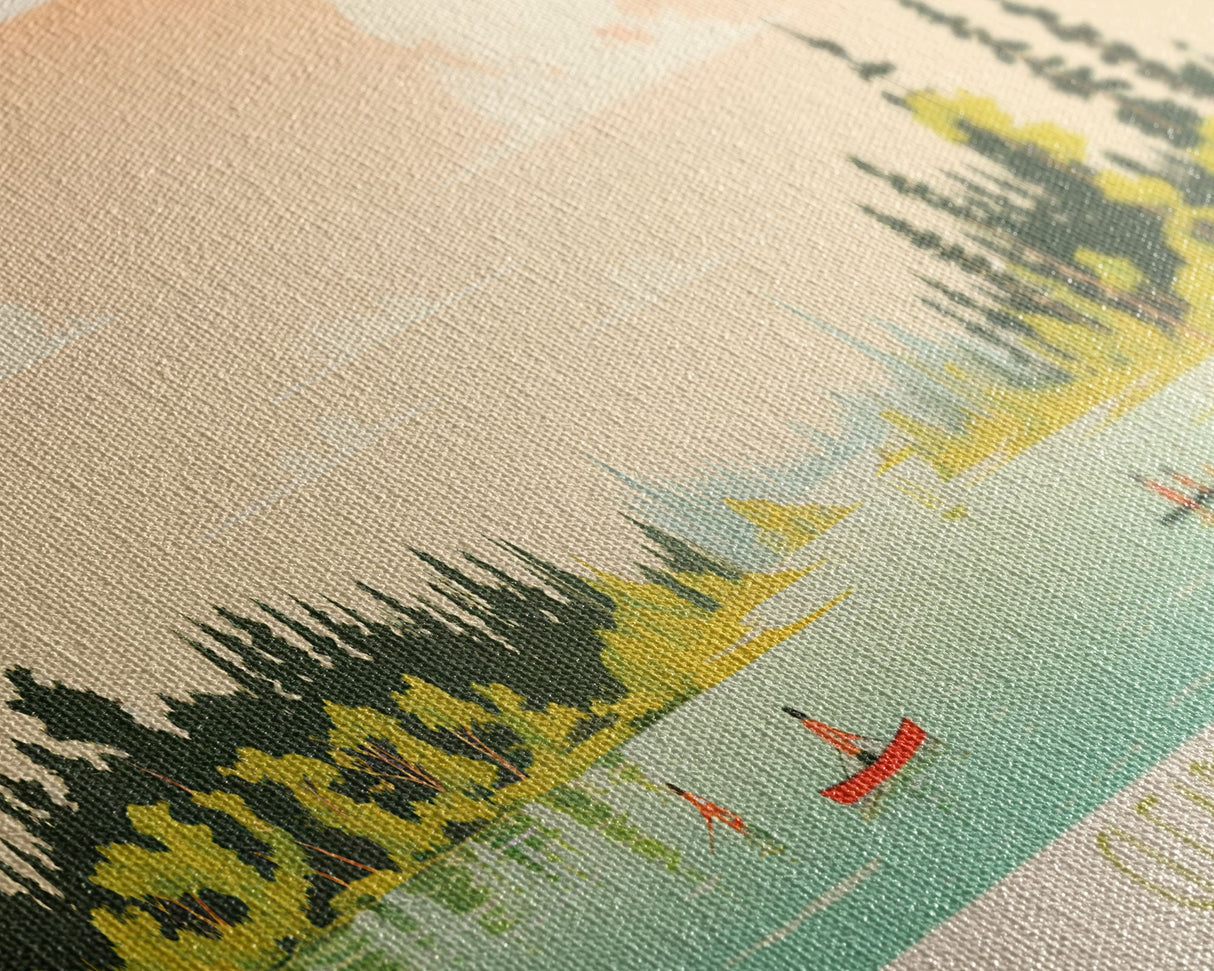 Clearwater Lake Manitoba Framed Canvas Print, Midcentury Modern Panoramic Wall Art, Living Room Decor, Pop Art, Travel Poster Art, Scenic Nature Painting, Lake House Decor