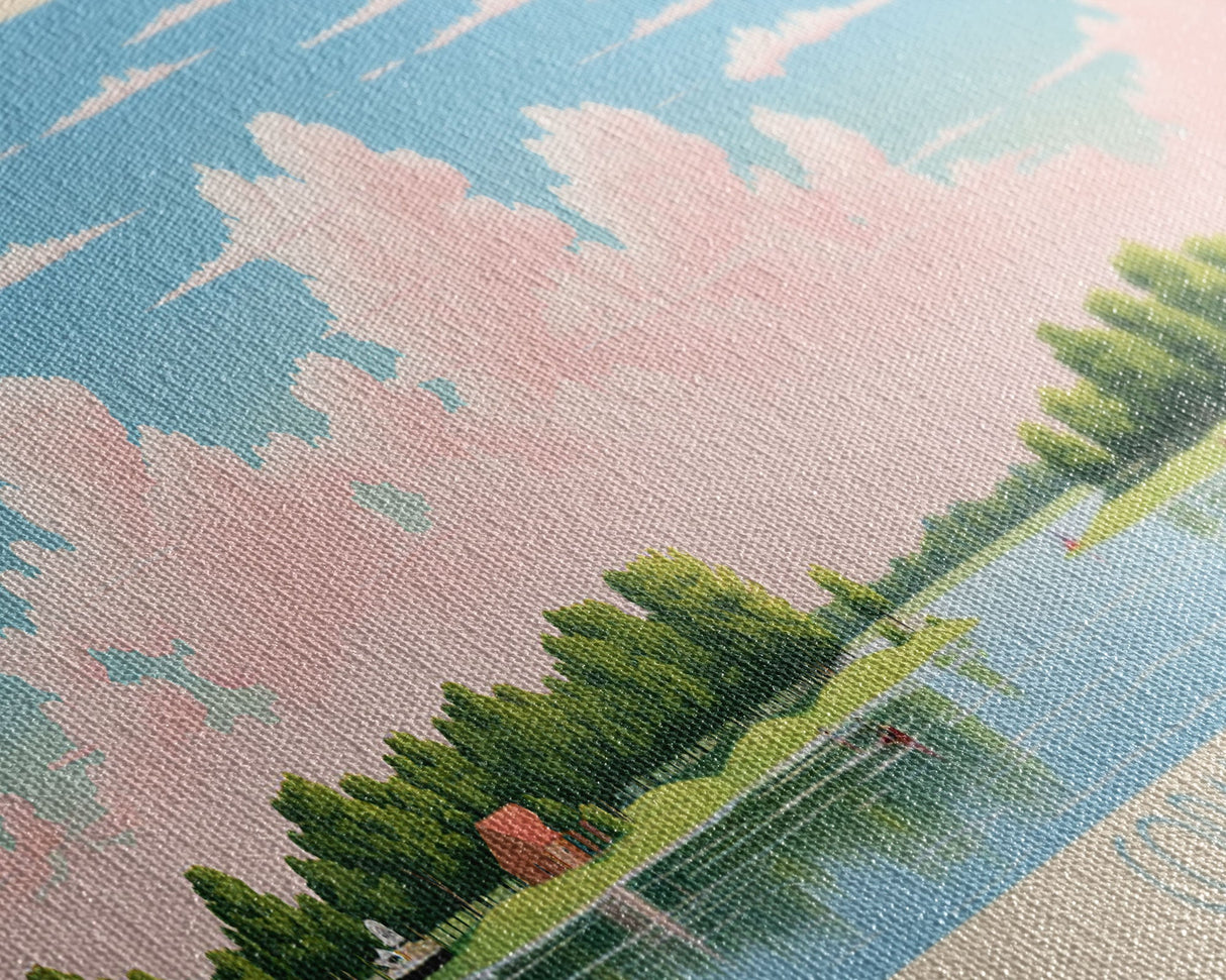 Coralville Lake Iowa Framed Canvas Print, Midcentury Modern Panoramic Wall Art, Living Room Decor, Pop Art, Travel Poster Art, Scenic Nature Painting, Lake House Decor