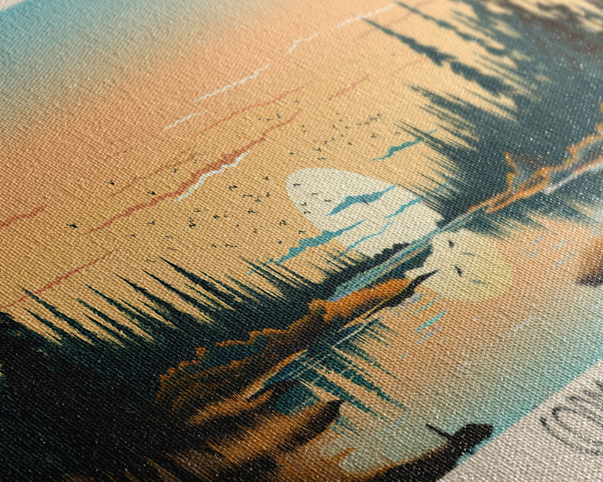 Cormorant Lake Manitoba Framed Canvas Print, Pop Art Panoramic Travel Poster, Midcentury Modern, Wall Art, Scenic Nature Painting, Bedroom Decor, Living Room Art