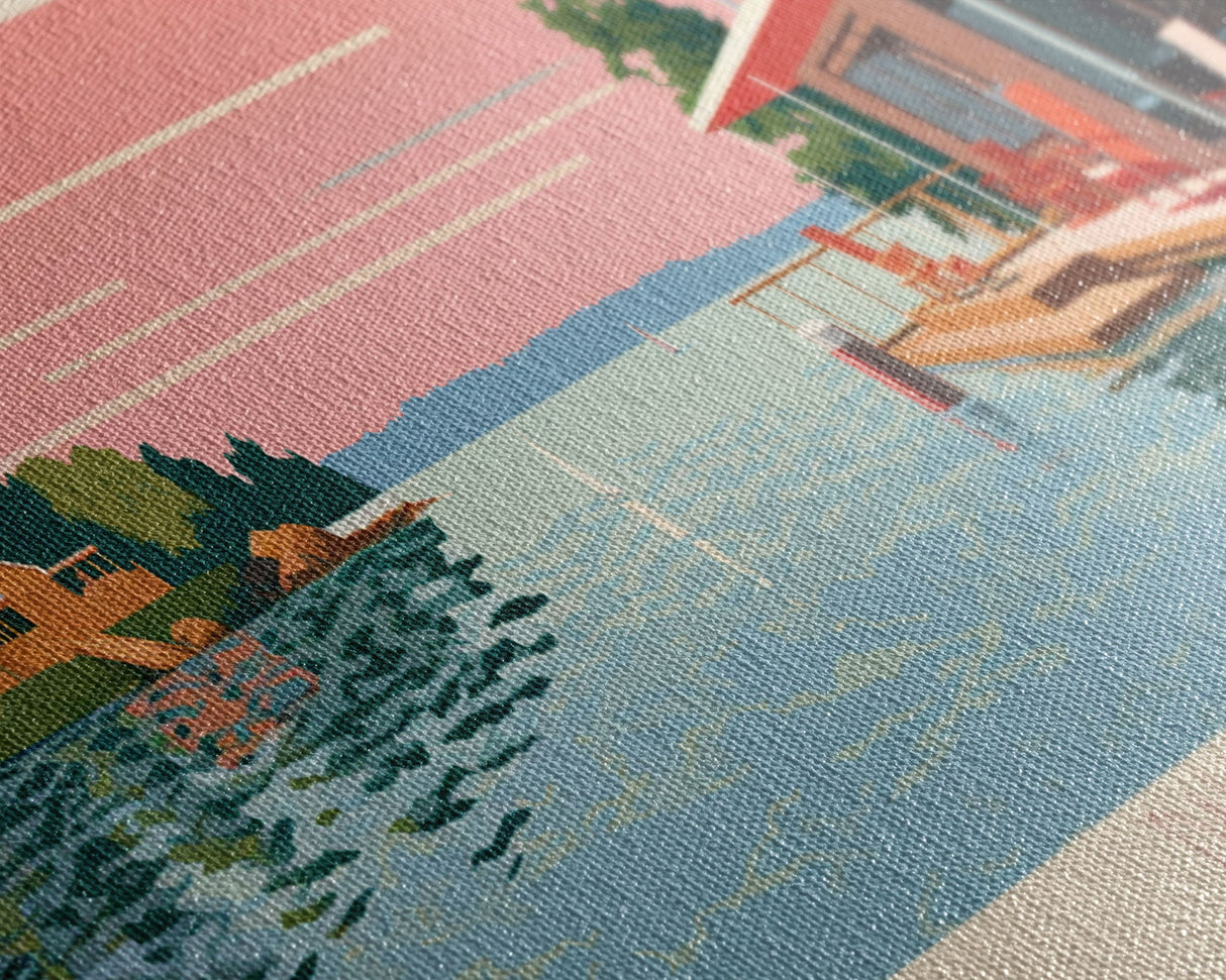 Dallas Lake Indiana Framed Canvas Print, Midcentury Modern Panoramic Wall Art, Bedroom Decor, Pop Art, Travel Poster Art, Scenic Nature Painting