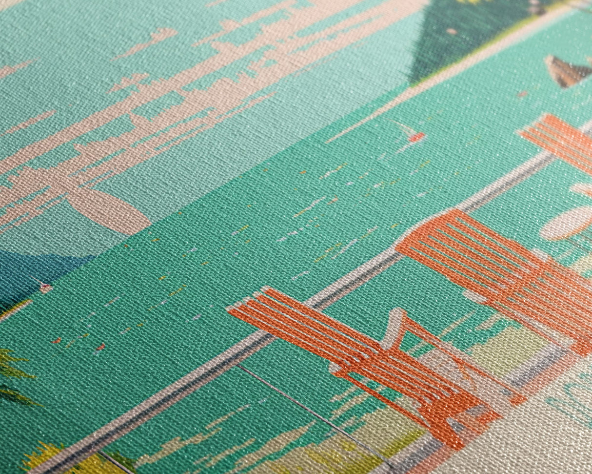 Portage Lake, Michigan Framed Canvas Print, Bedroom Art, Midcentury Modern, Pop Art, Panoramic Wall Art, Travel Poster