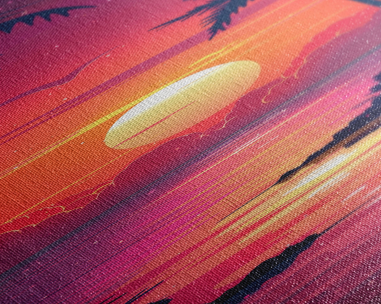 Retro Tropical Sunset Midcentury Modern Art - Framed Canvas Print, Boho Art, Skinny Art, Living Room Art, Bedroom Decor, Coastal Wall Art