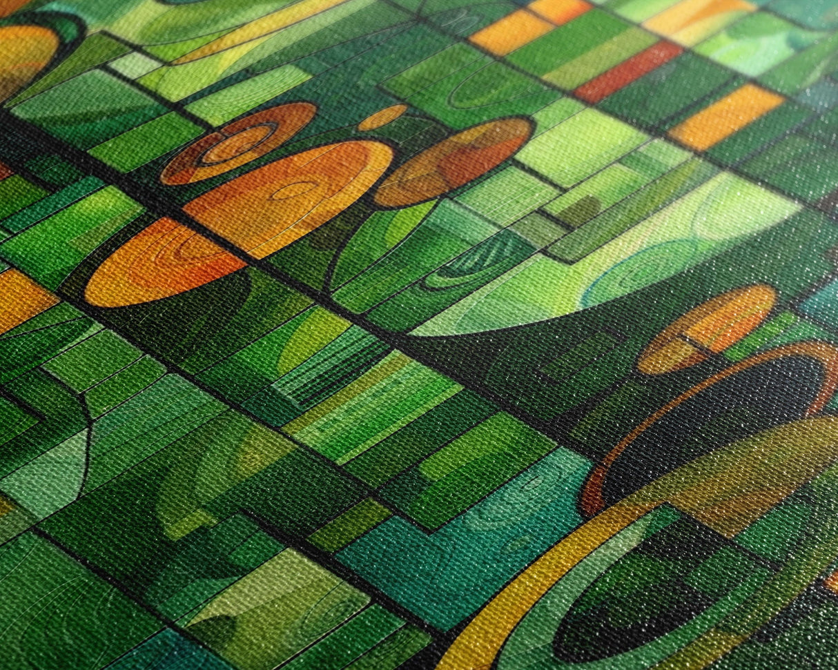 Geometric Abstract Art in Green and Yellow Tones - Framed Canvas Print, Midcentury Modern Art, Skinny Art, Tall Art, Living Room Wall Decor, Boho Art