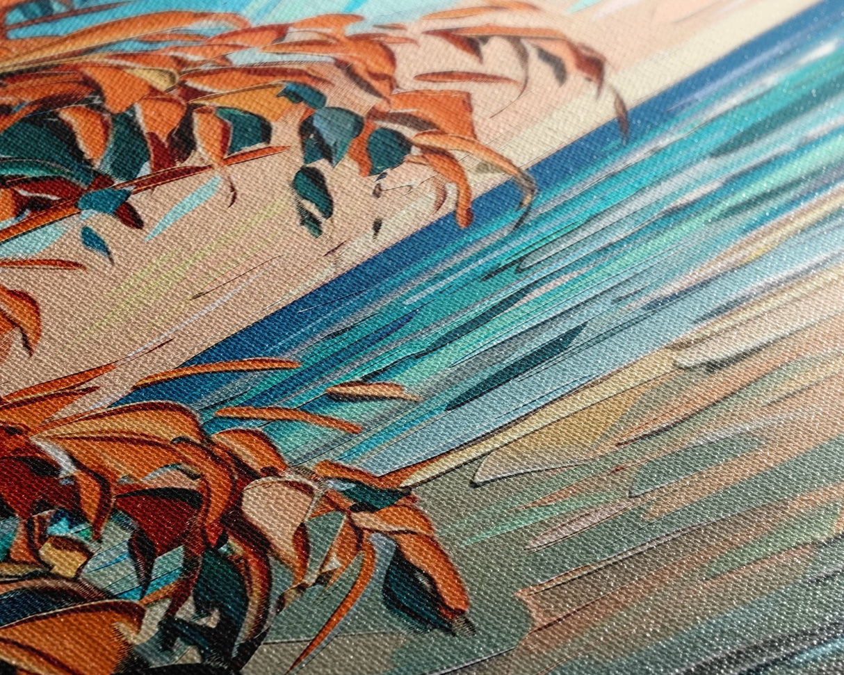 Expressive Coastal Shoreline Landscape in Blue and Orange, Abstract Painting on Framed Canvas Print, Perfect for Beach-Themed Wall Art