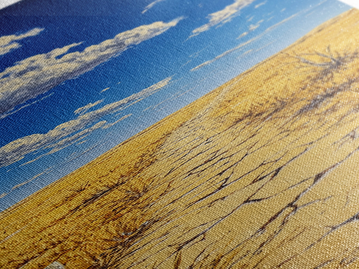 Golden Prairie Trail Framed Canvas Print rustic wall art, southwest wall art, landscape painting, farmhouse art, extra wide art, panoramic painting, above sofa art, wabi sabi art, Joshua tree art