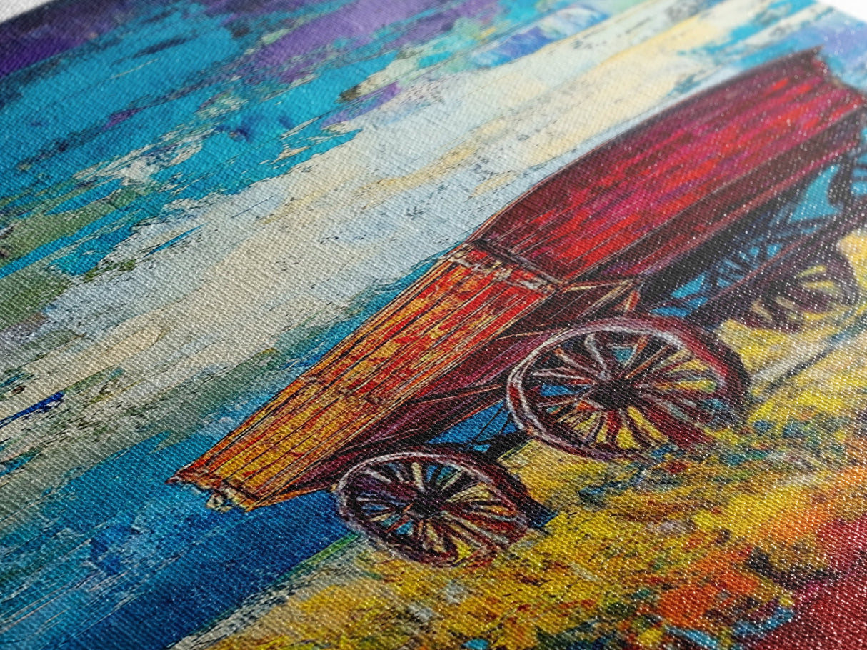 Impressionist Wagon on Blue Canvas Print rustic wall art, farmhouse art, barn landscape oil painting, vintage art, moody art, gift idea him