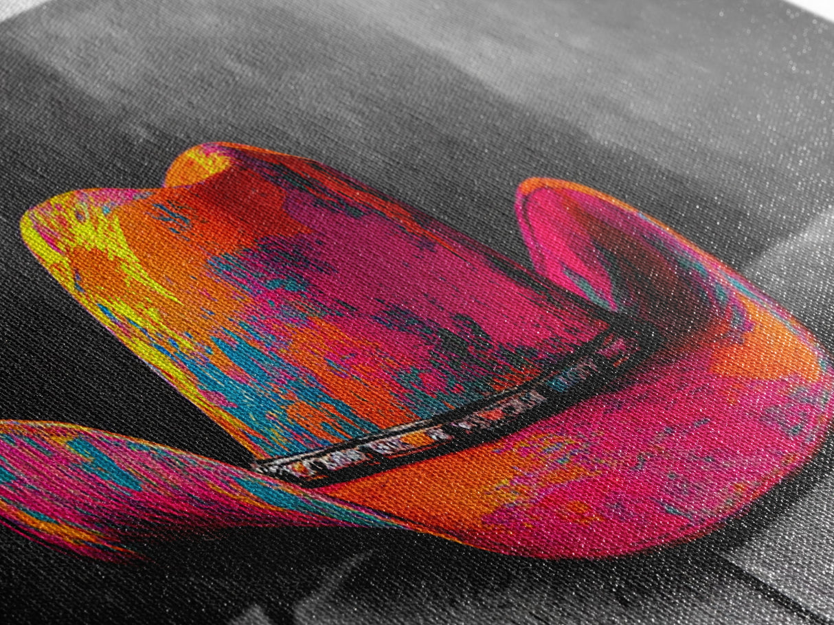 Vibrant Cowboy Hat Framed Canvas Print | Western Wall Art | Chicano Art | Moody Art | Southwest Decor | Rustic Art | Extra Wide Art