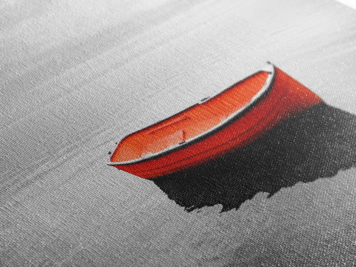 Lone Red Boat, coastal wall art, seascape painting, nautical decor, minimalist art, black and white photography, above couch art, Framed Canvas Print