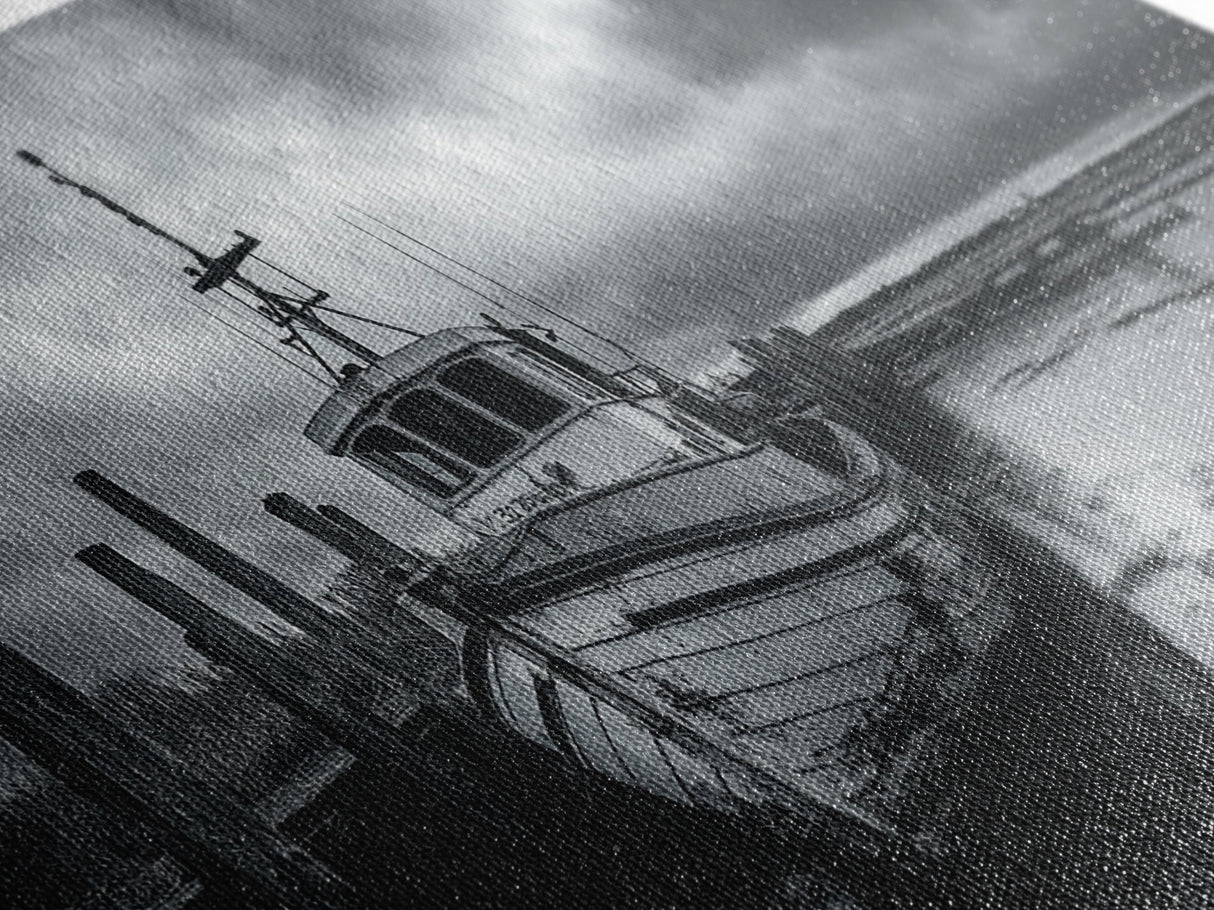 Fishing boat, nautical decor, coastal painting, rustic art, panoramic painting, extra wide art, above sofa art, framed canvas print