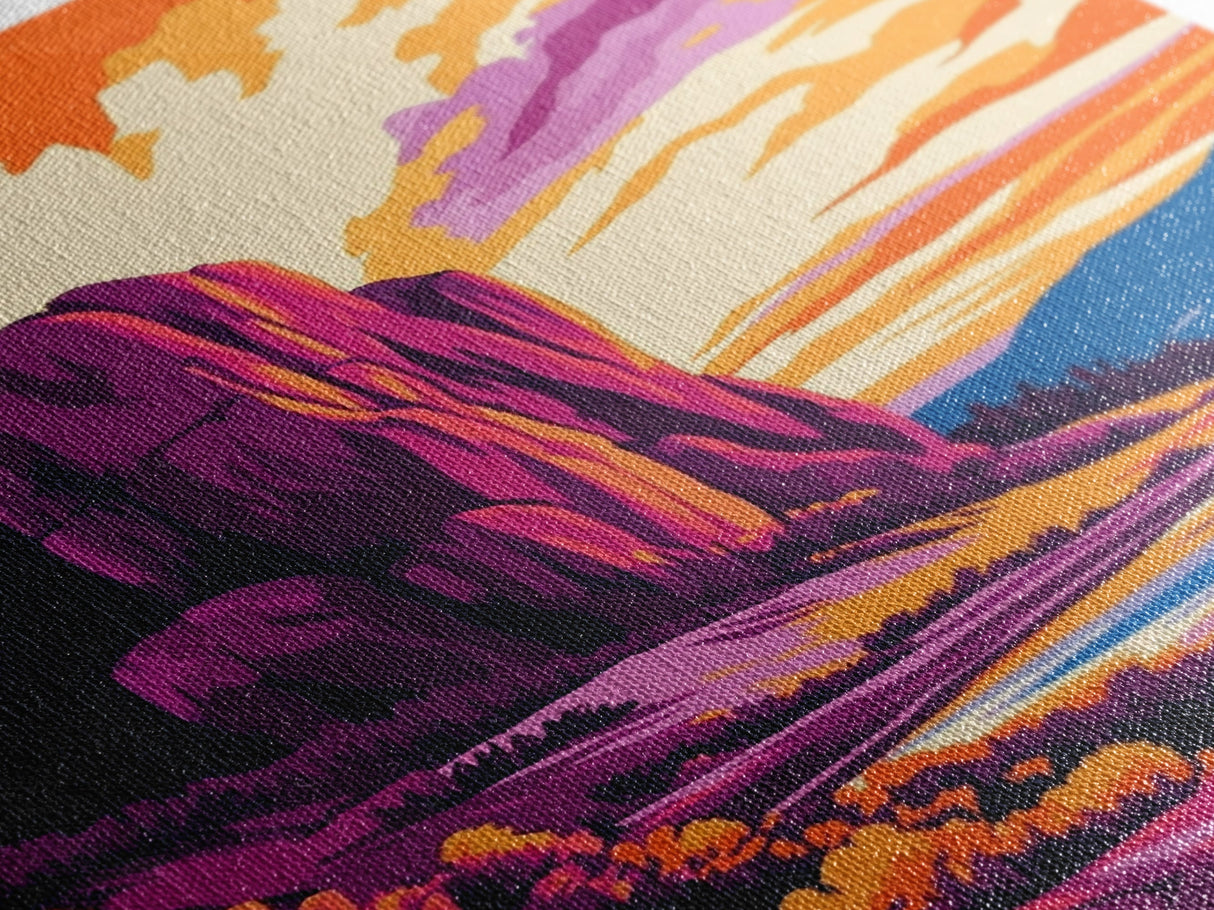 Mountain Painting, Bold Landscape Art, Orange Purple Wall Decor, Southwest Wall Art, Framed Canvas Print, Nature Inspired Artwork