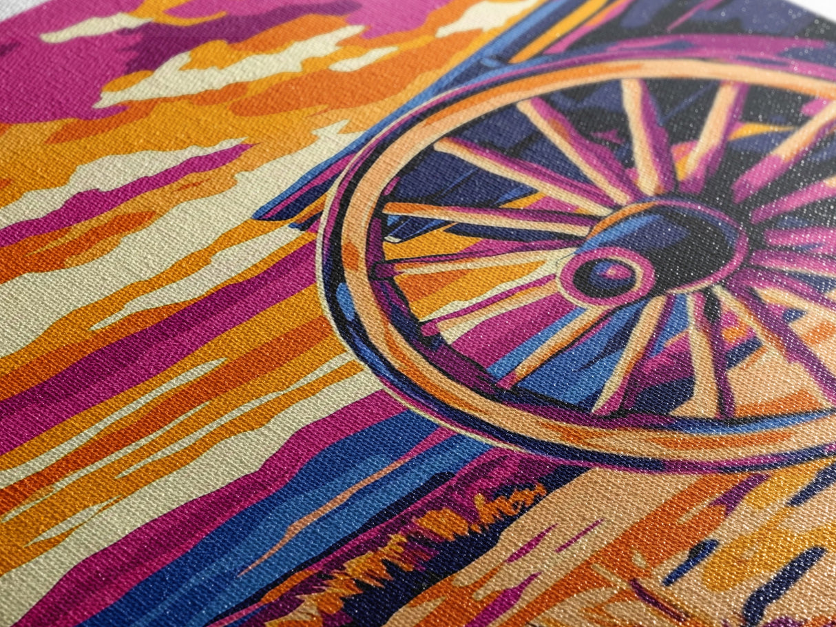 Vibrant Wagon Wheel, Pink Orange Wall Art, Boho Art, Framed Canvas Print, Southwest Aesthetic, Above Sofa Art, Rustic Decor, Gift Idea