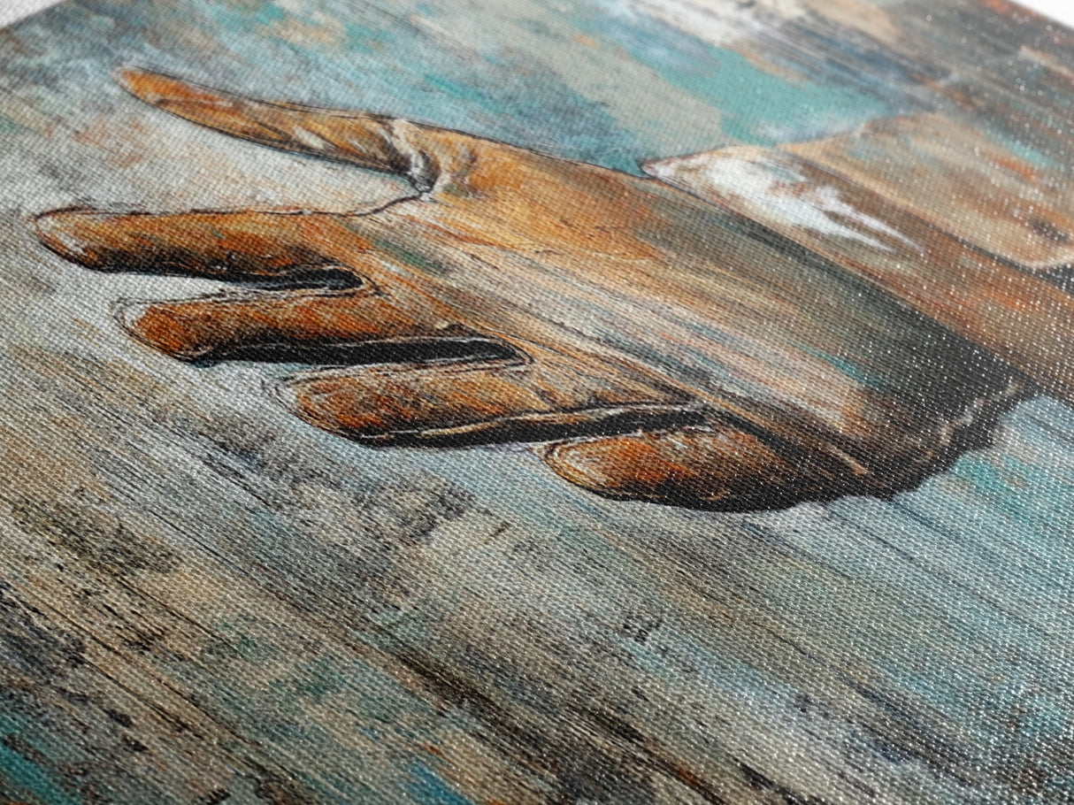 Rustic Leather Glove Art, Framed Canvas Print, Wabi Sabi Wall Art, Moody Art, Teal Wall Art, Extra Wide Art, Farmhouse Art