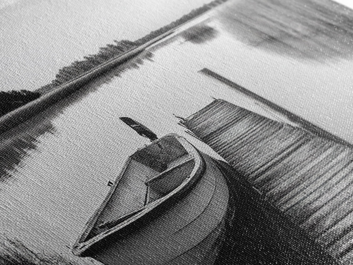 Boat On Dock, Nautical Wall Art, Framed Canvas Print, Coastal Landscape Art, Rustic Decor, Extra Wide Art, Minimalist Art, Bedroom Art