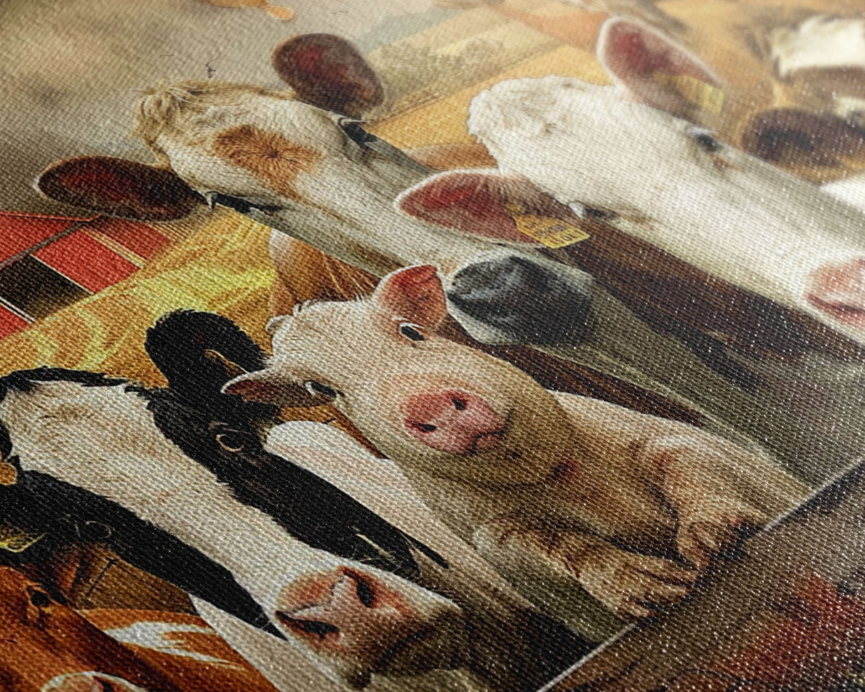 Farm Animals On The Fence, Framed Canvas Print, Cute Animal Decor, Bathroom Wall Art, Illustration, Home Decor