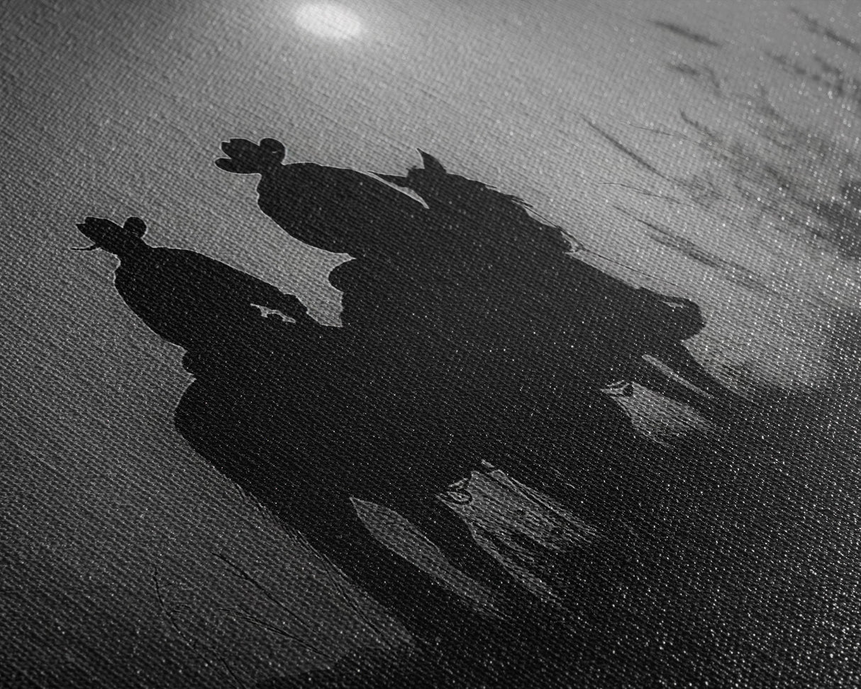 Cowboys Under A Full Moon, Framed Canvas Print, Black and White Western Photography, Wild West Art, Western Decor, Farmhouse Country Art