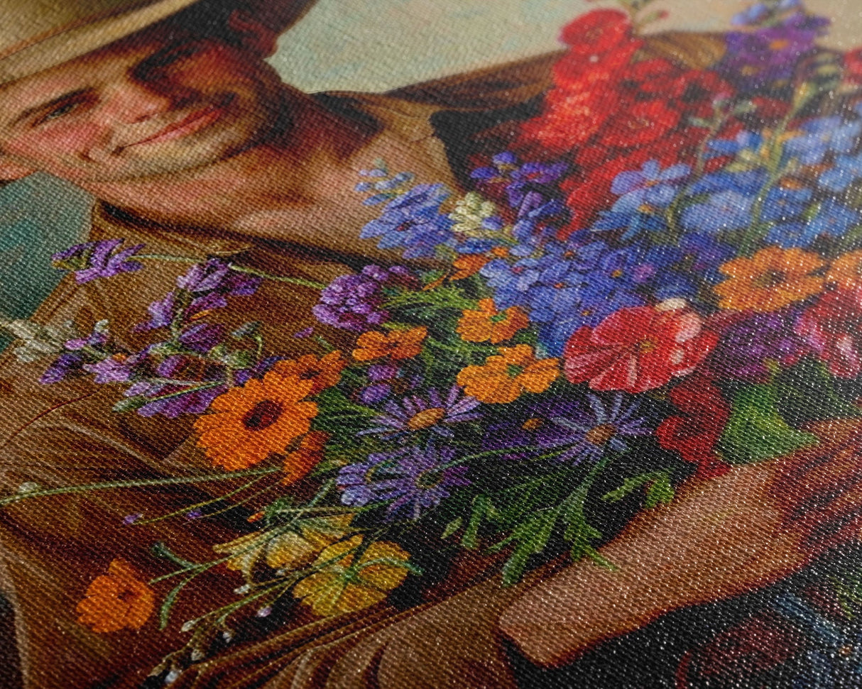 Handsome Cowboy with Wildflowers - Framed Canvas Print, Western Living Room Art, Rustic Bedroom Decor, Cowboy Art, Wall Art