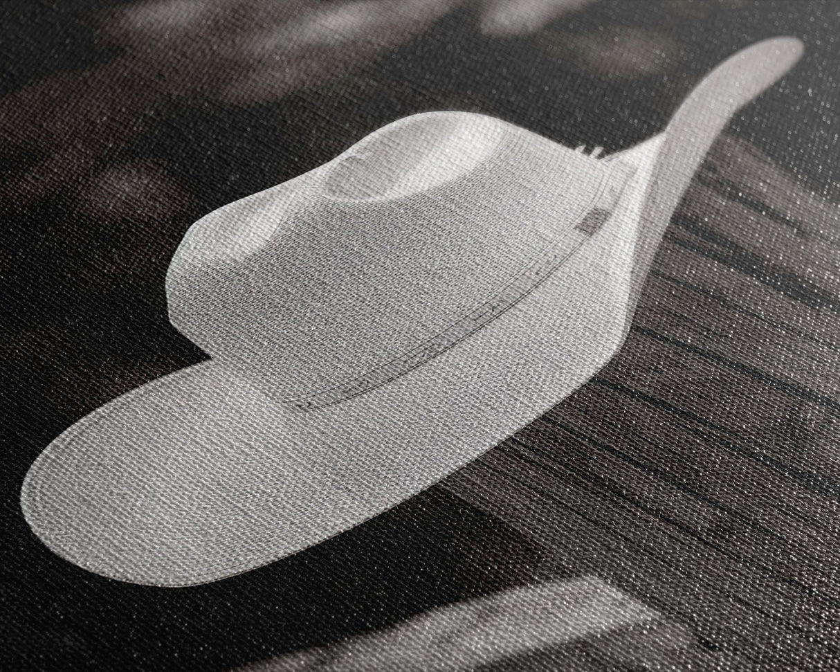 Cowboy Hat on a Wooden Fence Post in Rustic Black and White Photography for Western Home Decor, Canvas Prints, Wall Art for Living Room