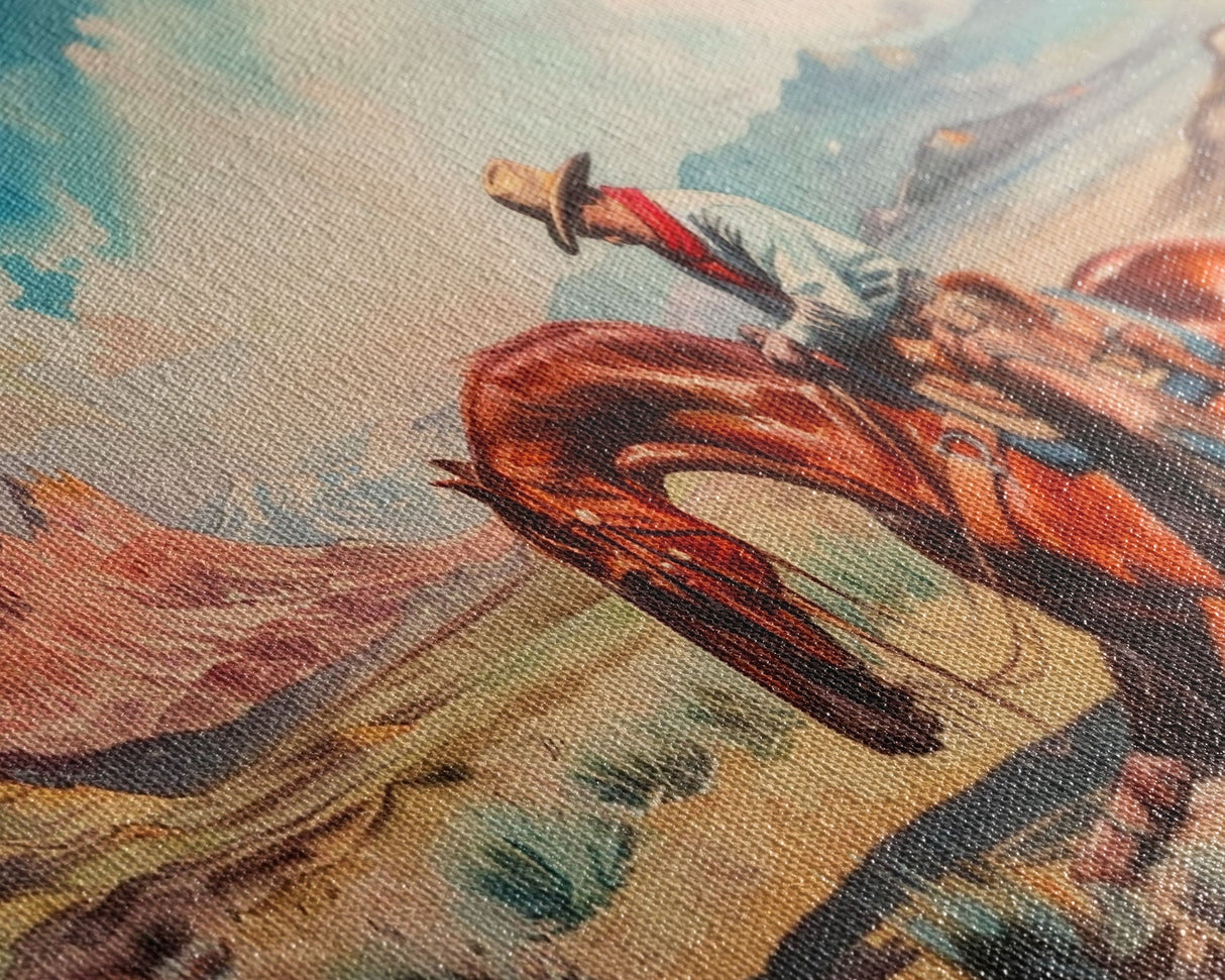 Cowboy Comforting Horse in Open Plains, Farmhouse Western Decor, Framed Canvas Print, Country Living Art, Rustic Wall Art for Home