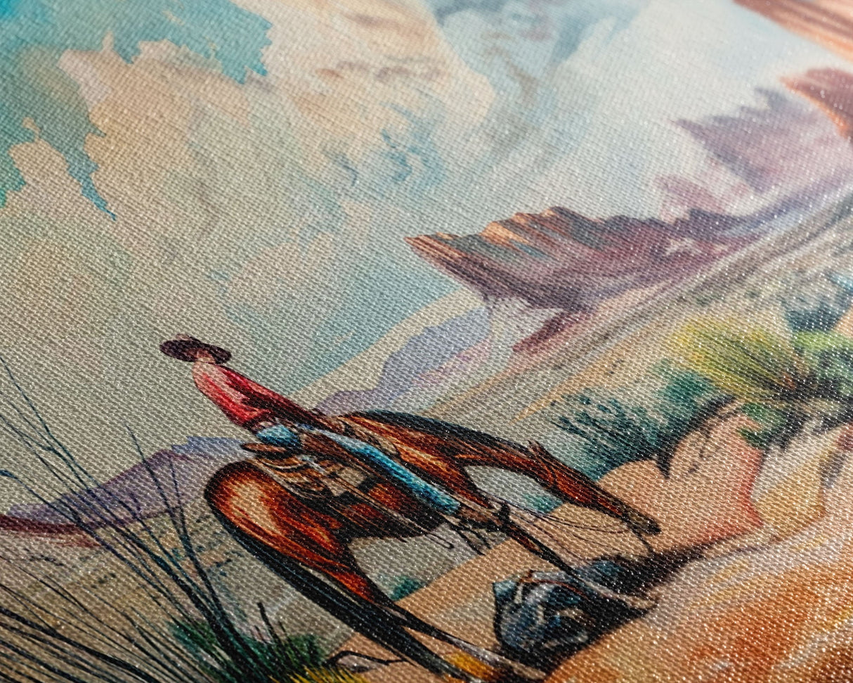 Cowboy Gazing Over Expansive Desert, Boho Western Landscape Art, Framed Canvas Print, Living Room Wall Decor, Rustic Country Style