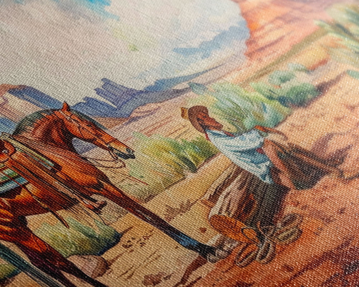 Cowboy Resting by Horse in Desert Scene, Rustic Farmhouse Art, Framed Canvas Print, Western Decor, Living Room Wall Art, Country Style