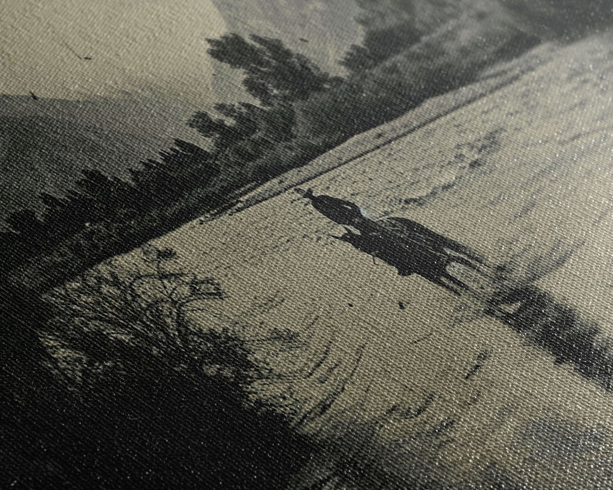 Cowboy Crossing River with Mountains, Framed Canvas Print for Western Living Room Decor, Ideal Bedroom Wall Art, Rustic Scene