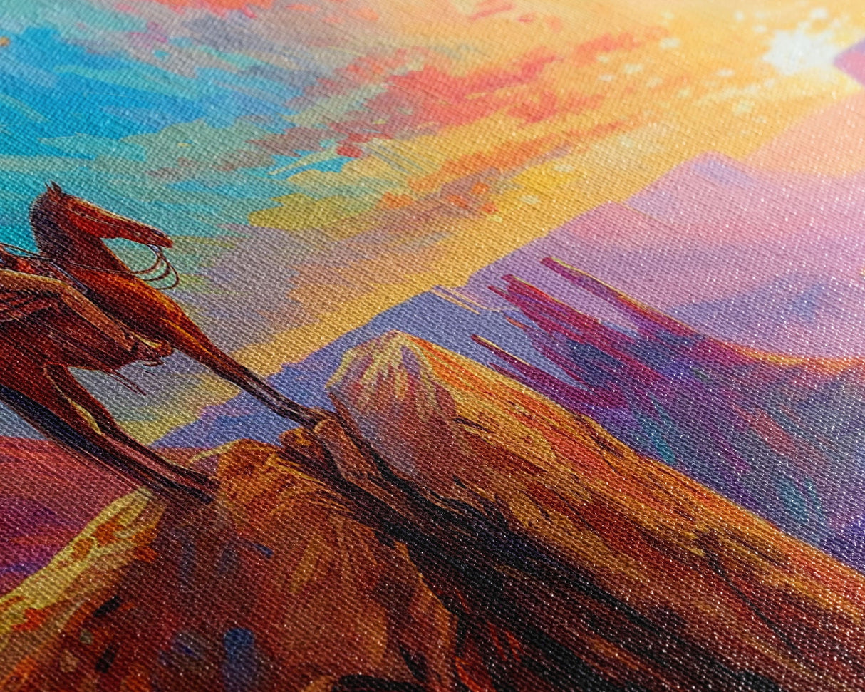 Cowboy and Horse with Canyon View, Farmhouse Style Framed Canvas Print for Bedroom Wall Art, Vibrant Home Decor, Western Scenic Art