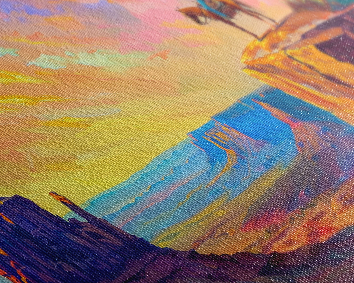 Cowboy with Horse on Cliff Edge, Farmhouse Style Framed Canvas Print for Living Room Wall Art, Vibrant Home Decor, Western Scenic Art