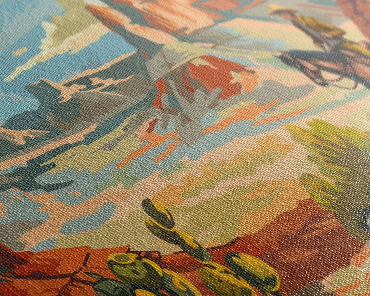 Cowboy Riding through Canyon, Framed Canvas Print for Rustic Living Room Decor, Western Art for Home and Bedroom Decoration