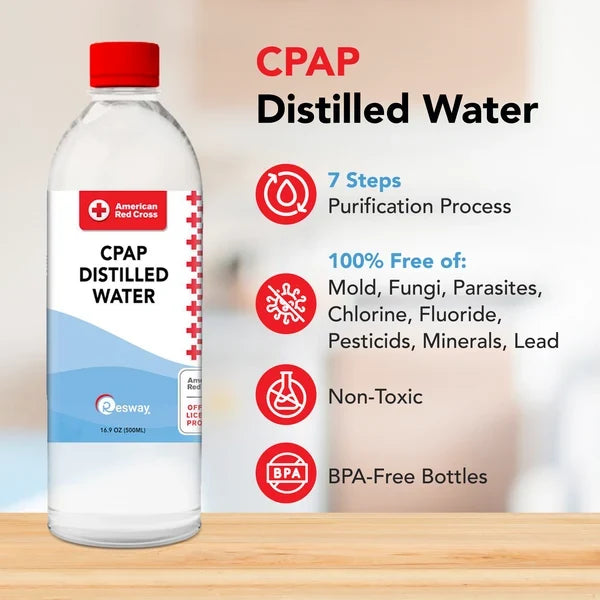 Resway CPAP Distilled Water bottle pouring into a CPAP humidifier chamber with text reading 7 Steps Purification Process, 100% free of mold, fungi, parasites, chlorine, fluoride, pesticides, minerals, and lead. Photo shows Resway’s 16.9 oz bottle; Traveling Bags sells the 12 oz size shown on this listing.