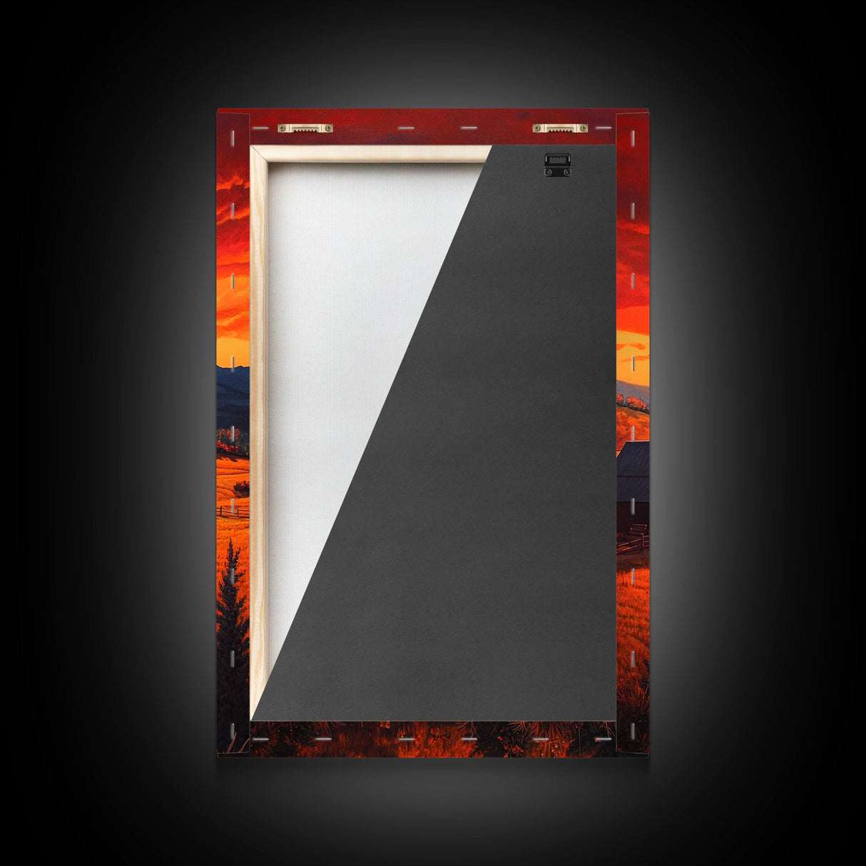 Golden Fields and Barn Framed Canvas Print, Pastoral Landscape with Mountains Grazing Cows, Rustic Fall Wall Art Farmhouse Ranch Style Decor