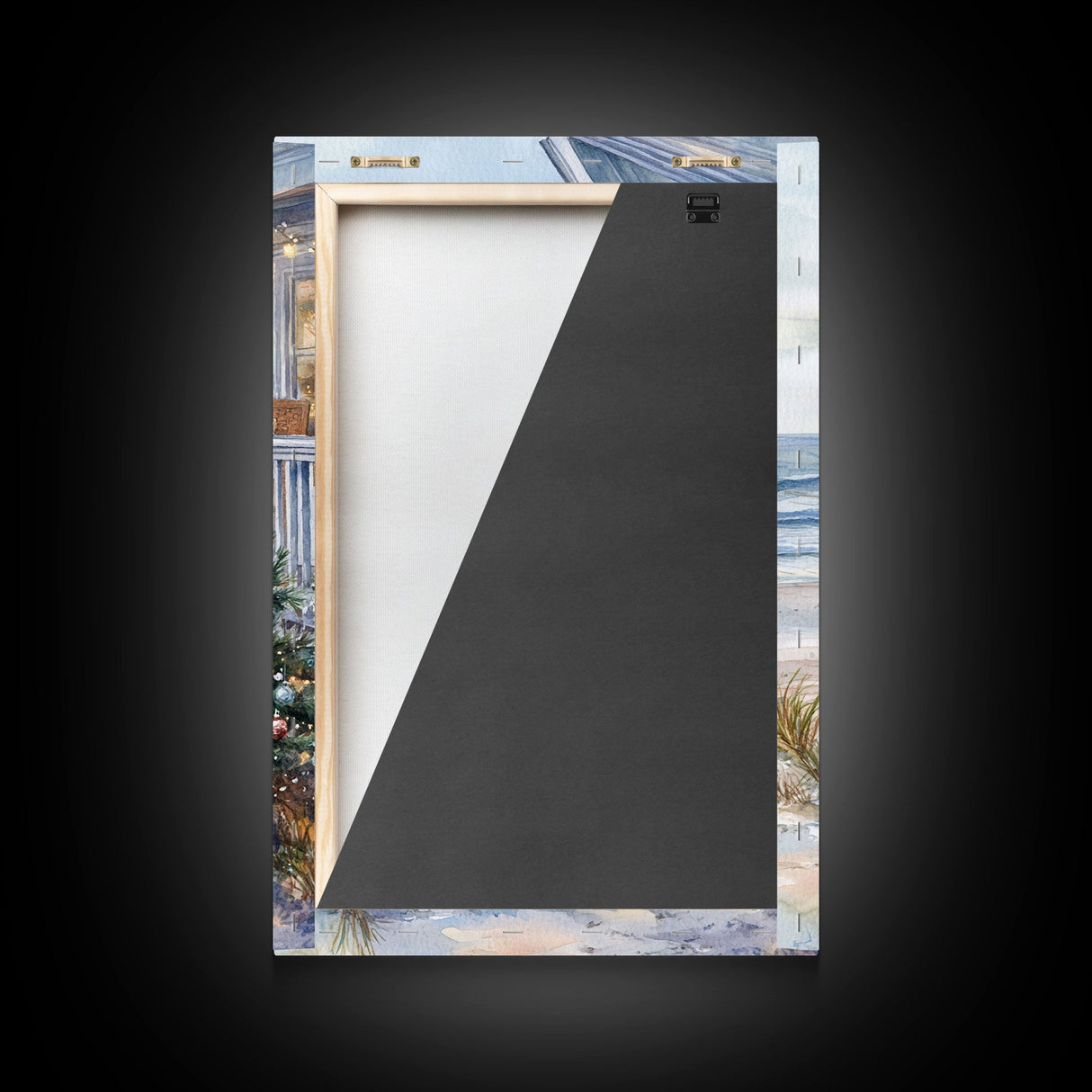 Coastal Christmas Tree Framed Canvas Print, Festive Holiday Decor Tree Beach and Ocean View, Nautical Wall Art Tropical Christmas Decor