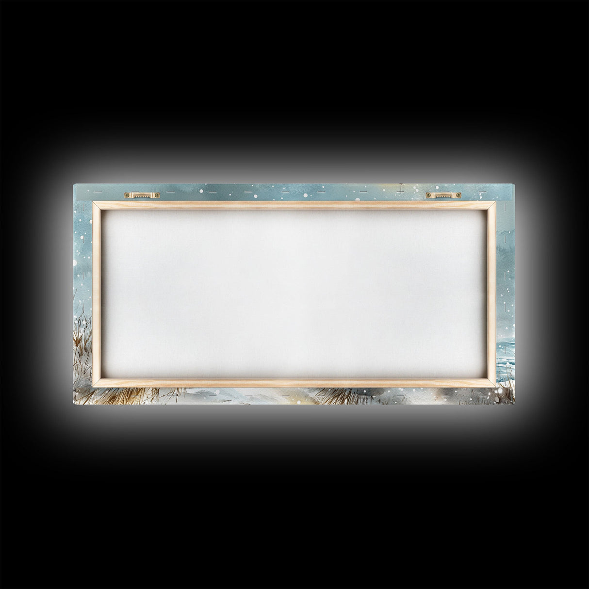 Coastal Christmas Lighthouse Decor Framed Canvas Print, Snowy Beach Scene with Holiday Wreath and Lighthouse Winter Wall Art